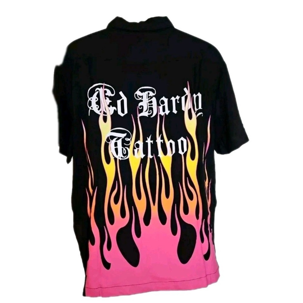 NWT Ed Hardy Tattoo Flames Heart Y2K Short Sleeve Button Shirt Men's Size L - Picture 2 of 4
